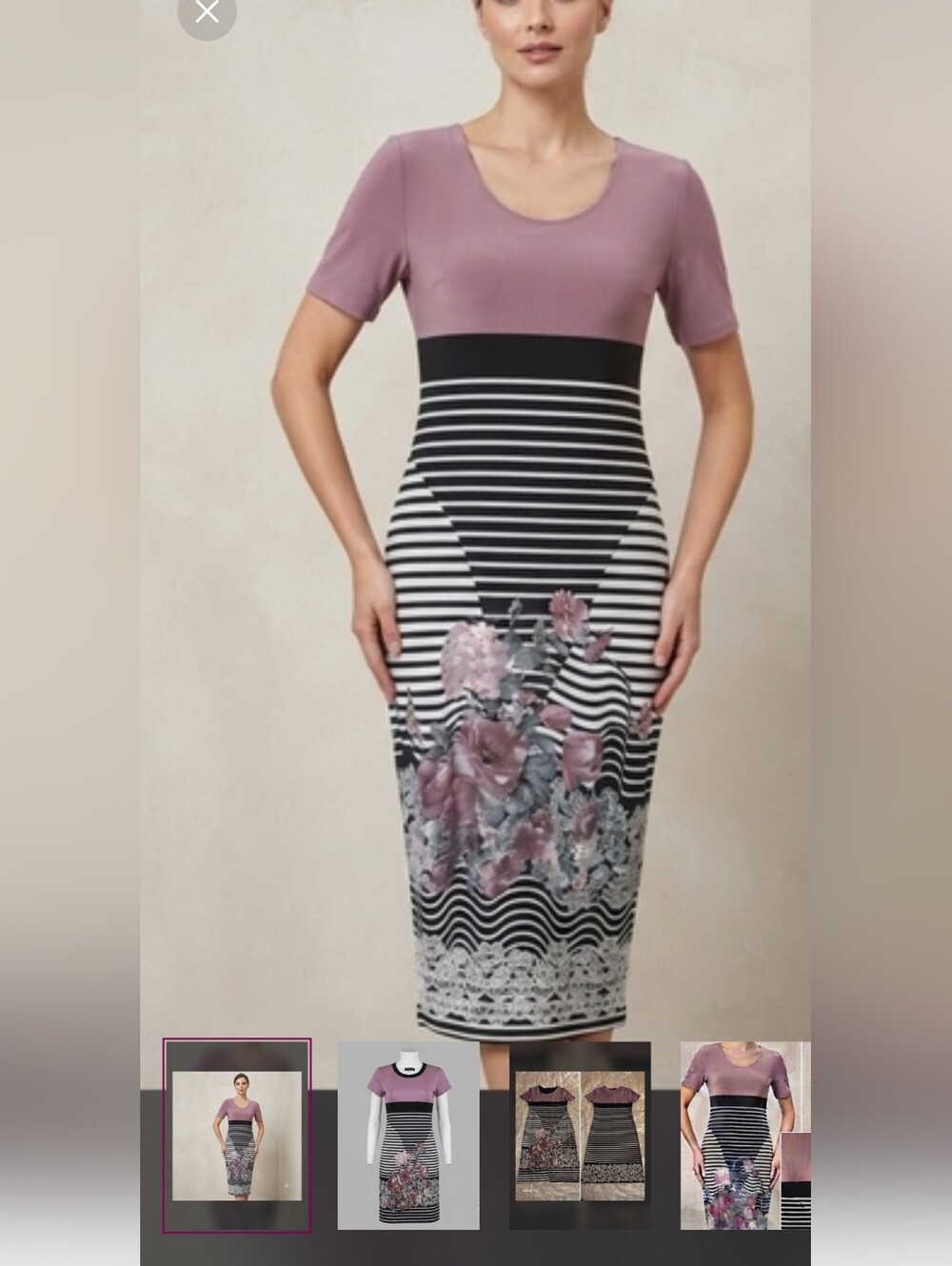 Elegant Women's Colorblock Bodycon Midi Dress - Dusty Mauve & Black/White Stripe